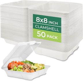 Compostable Clamshell Food Containers - 8x8" 50-Pack, Biodegradable Sugarcane To Go Boxes, Heavy Duty Paper Container - Microwave Freezer Safe